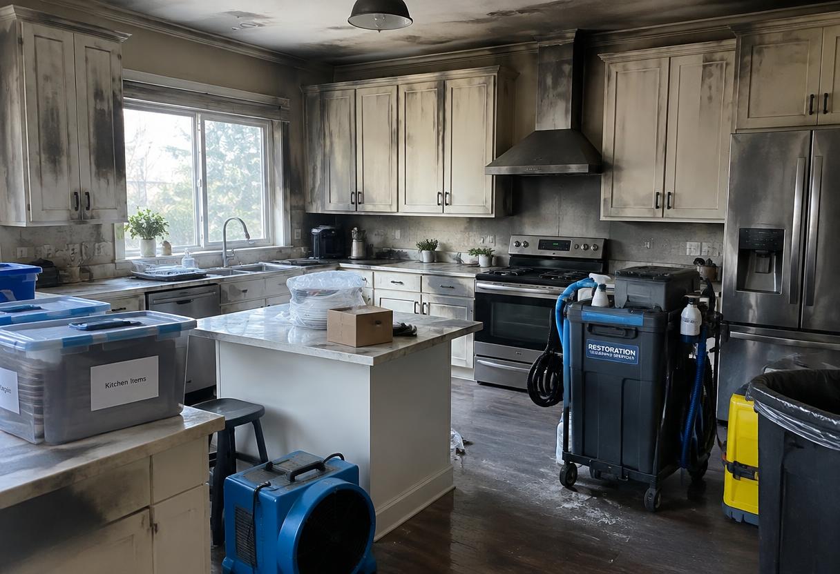 Kitchen with soot and smoke staining being professionally cleaned after a house fire, contents packed and equipment staged