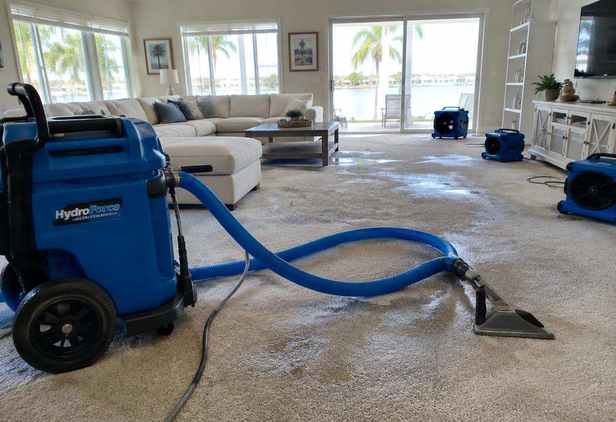 Living room in a Boca Raton home with water-damaged flooring surrounded by professional drying equipment
